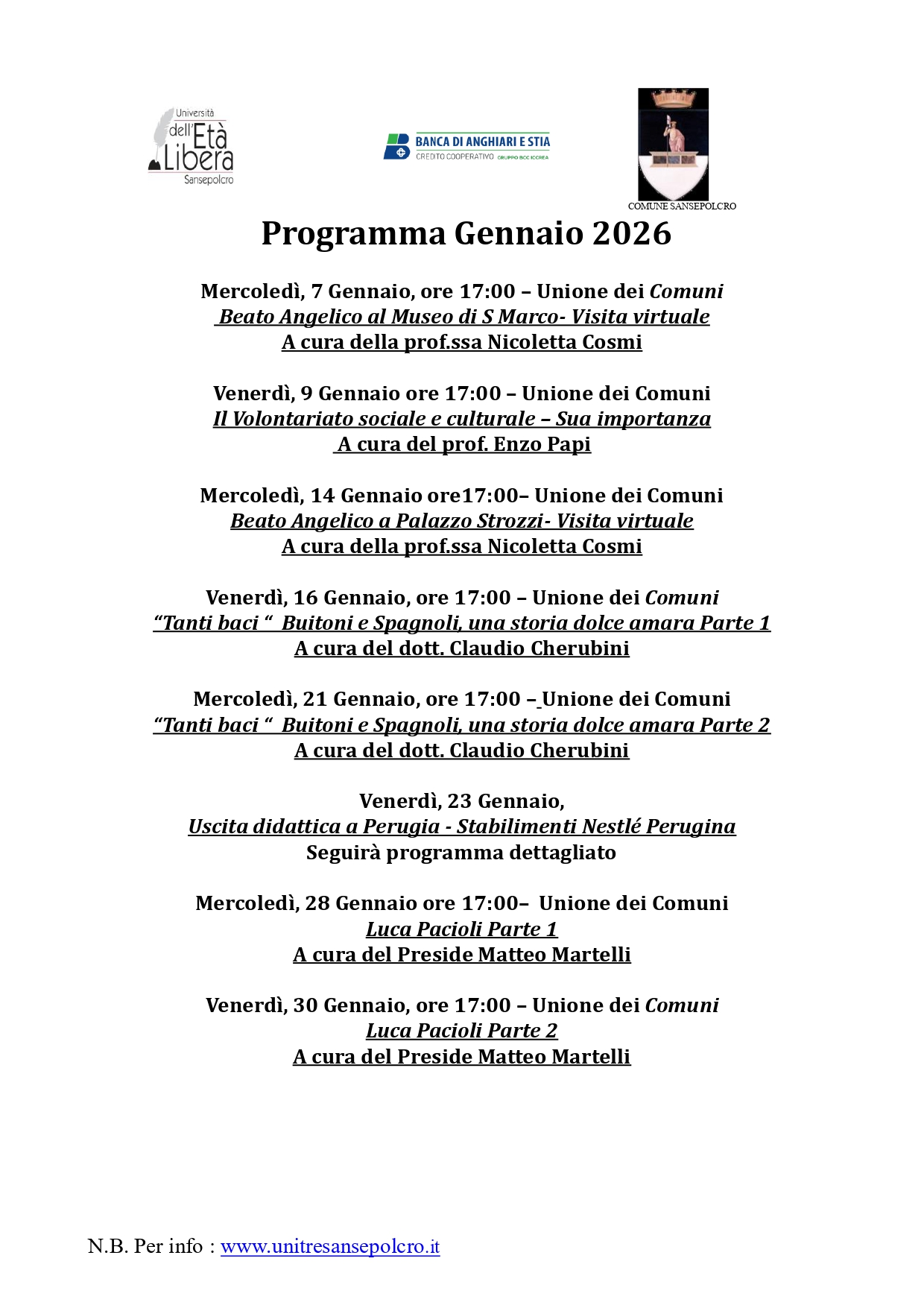 Programma gennaio 2026 Univeristà Età Libera